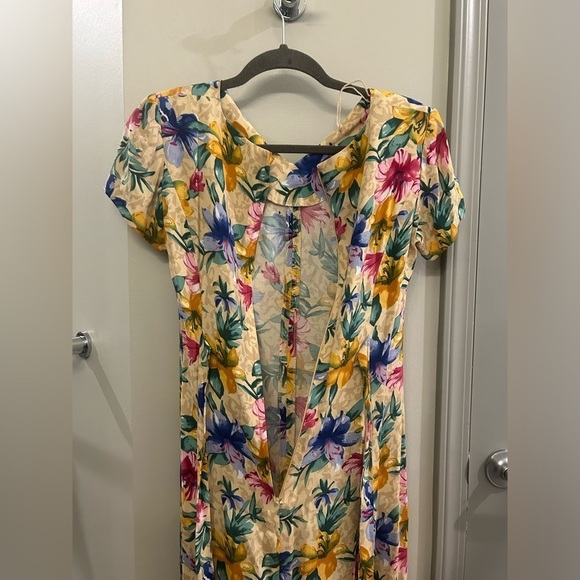 Maggy London Petites Maxi Dress 2 Ramie Floral Buttons Tie Front Shoulder Pads - Picture 4 of 12